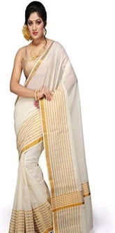 Stylesindia Cotton Kerala Kasavu Saree with Zari Border & Blouse | Traditional Kuthampully Saree for Onam, Diwali, Pongal